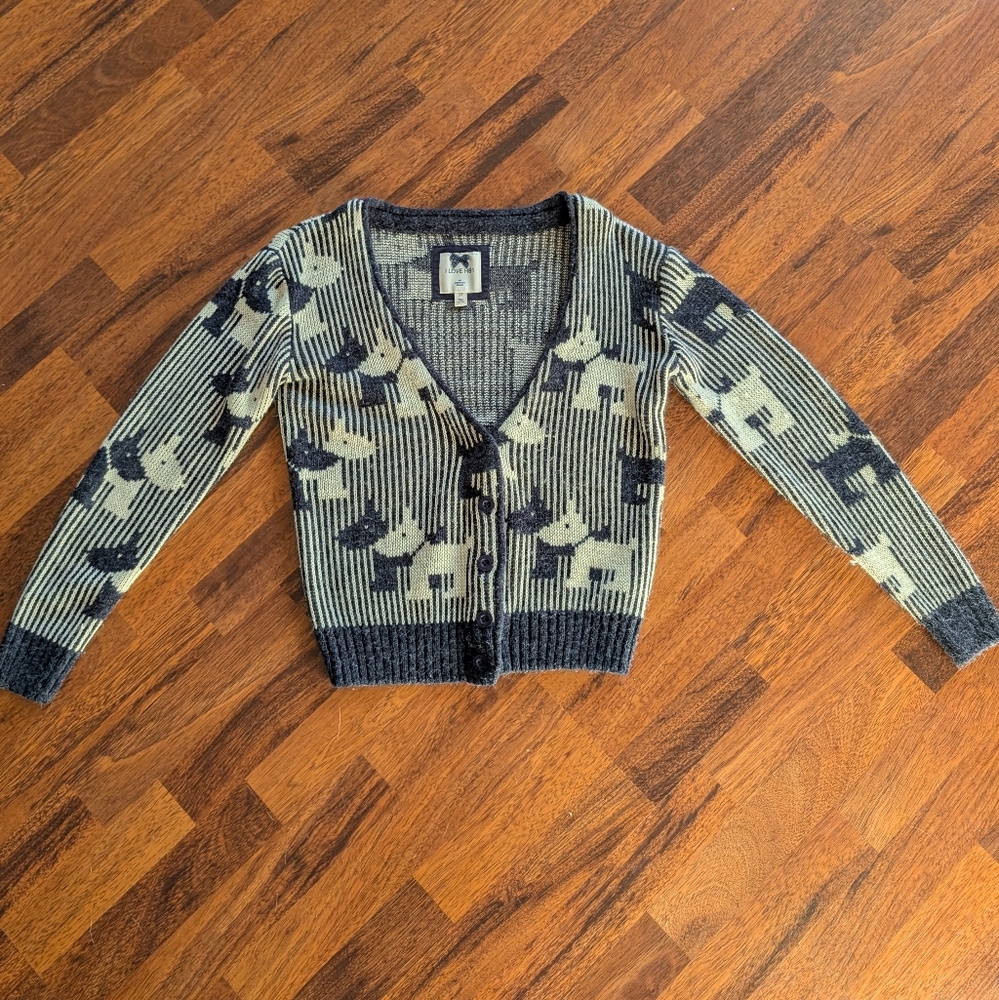 Women's Navy And Beige Button Up Knit Cardigan With Scottish Terrier Print